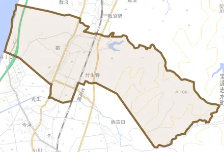 宿とその周辺の地図。町の範囲を重ねている
