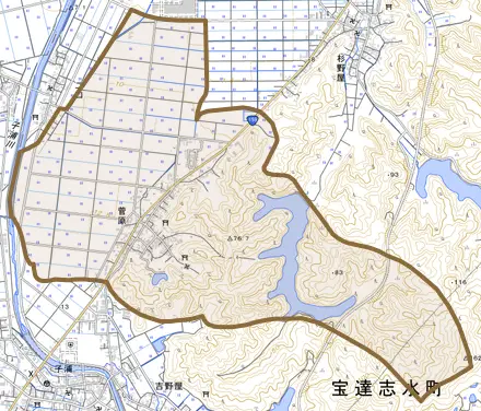 菅原とその周辺の地図。町の範囲を重ねている