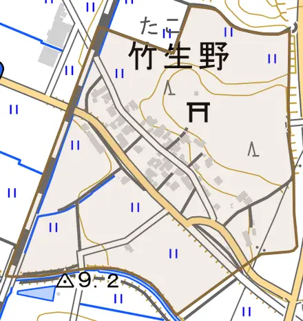 竹生野とその周辺の地図。町の範囲を重ねている