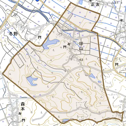 坪山とその周辺の地図。町の範囲を重ねている