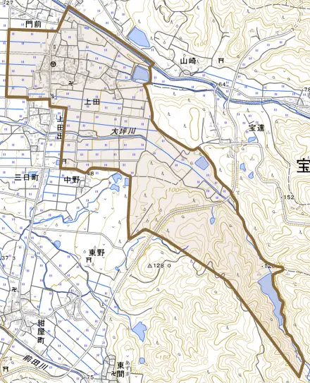 上田とその周辺の地図。町の範囲を重ねている