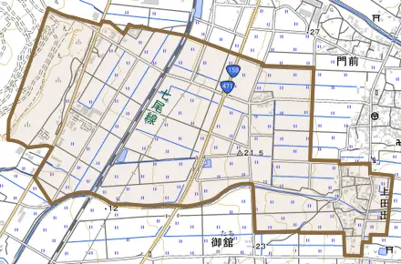 上田出とその周辺の地図。町の範囲を重ねている