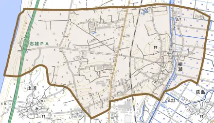 柳瀬とその周辺の地図。町の範囲を重ねている
