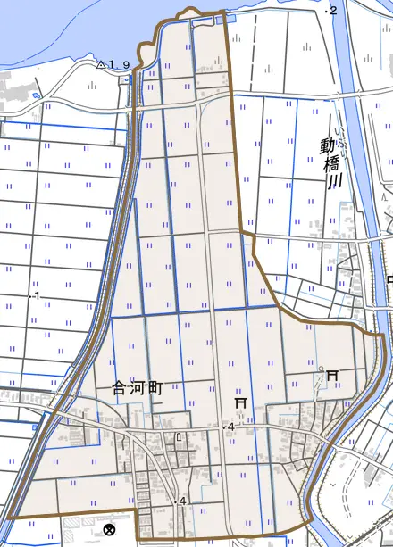 合河町とその周辺の地図。町の範囲を重ねている
