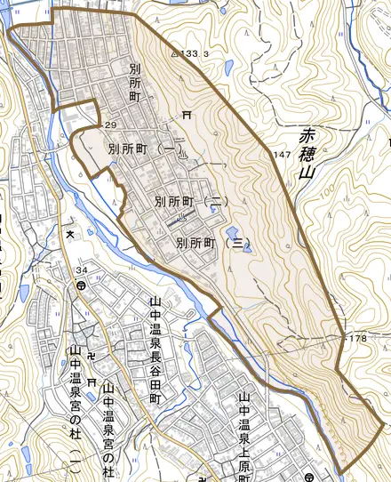 別所町とその周辺の地図。町の範囲を重ねている