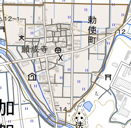 勅使町とその周辺の地図。町の範囲を重ねている