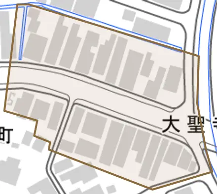 大聖寺越前町とその周辺の地図。町の範囲を重ねている