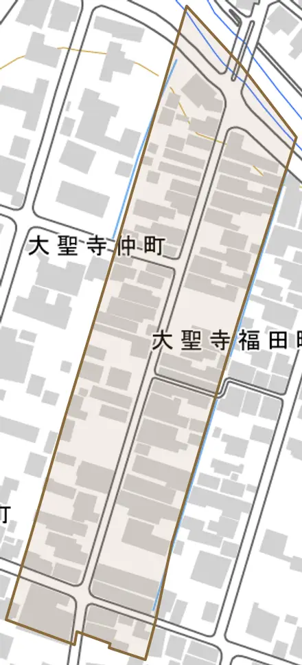 大聖寺福田町とその周辺の地図。町の範囲を重ねている