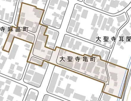 大聖寺亀町とその周辺の地図。町の範囲を重ねている