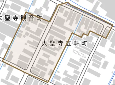 大聖寺五軒町とその周辺の地図。町の範囲を重ねている