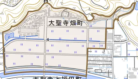 大聖寺畑町とその周辺の地図。町の範囲を重ねている