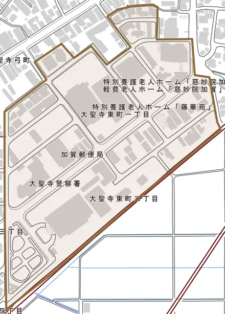 大聖寺東町とその周辺の地図。町の範囲を重ねている