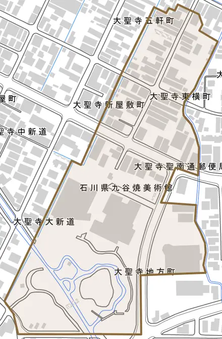 大聖寺東横町とその周辺の地図。町の範囲を重ねている