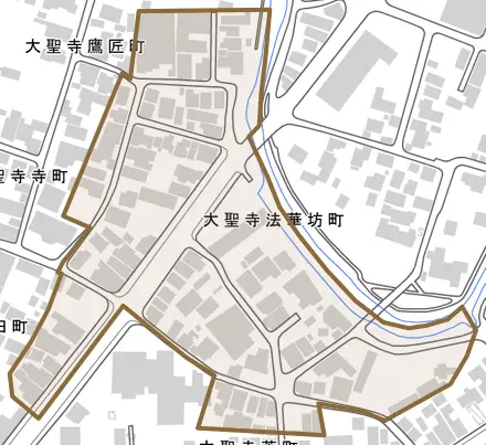大聖寺法華坊町とその周辺の地図。町の範囲を重ねている