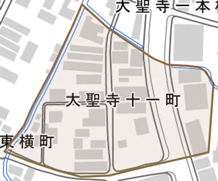 大聖寺十一町とその周辺の地図。町の範囲を重ねている