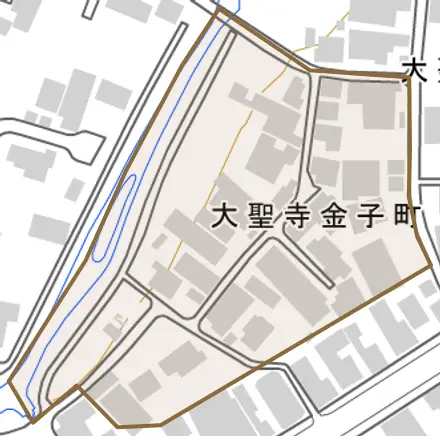 大聖寺金子町とその周辺の地図。町の範囲を重ねている