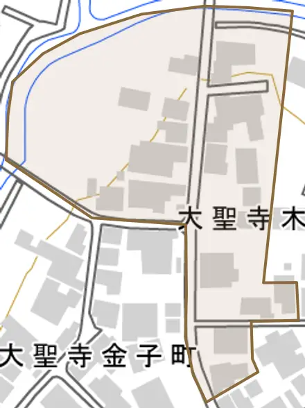 大聖寺木呂場町とその周辺の地図。町の範囲を重ねている