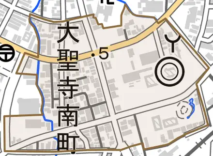 大聖寺南町とその周辺の地図。町の範囲を重ねている