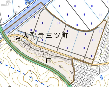 大聖寺三ツ町とその周辺の地図。町の範囲を重ねている