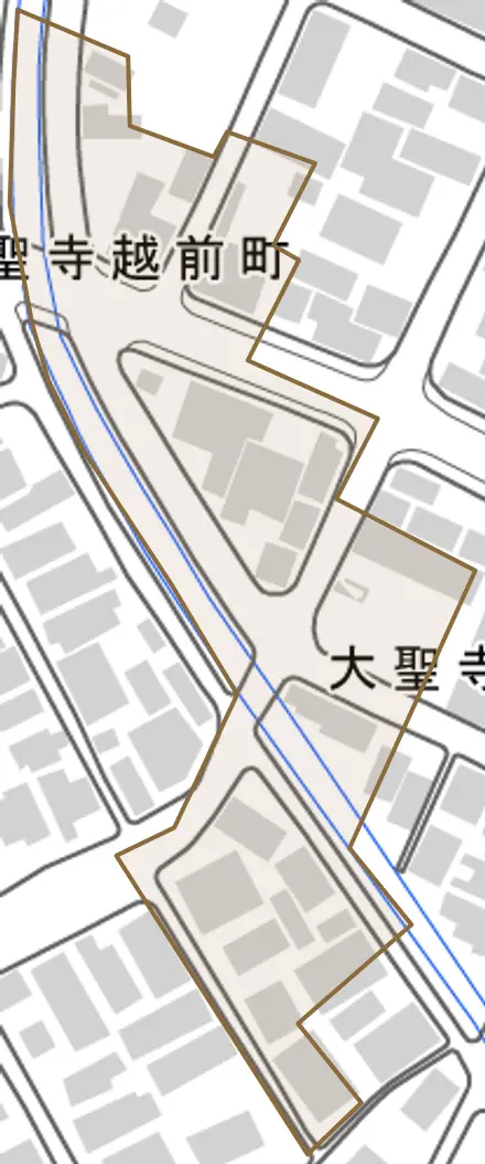 大聖寺三ツ屋町とその周辺の地図。町の範囲を重ねている