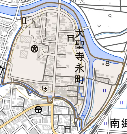 大聖寺永町とその周辺の地図。町の範囲を重ねている