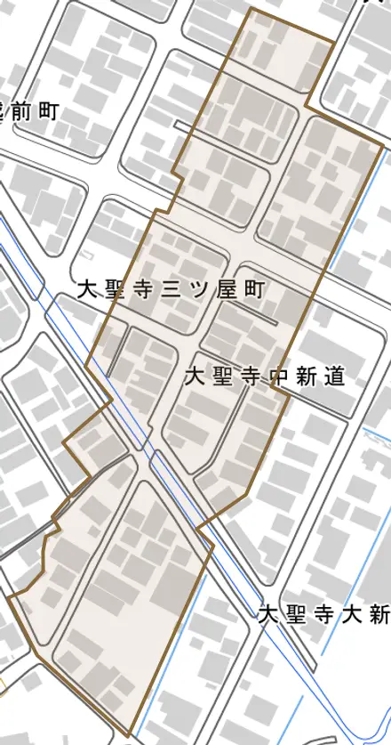 大聖寺中新道とその周辺の地図。町の範囲を重ねている