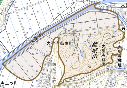 大聖寺荻生町とその周辺の地図。町の範囲を重ねている
