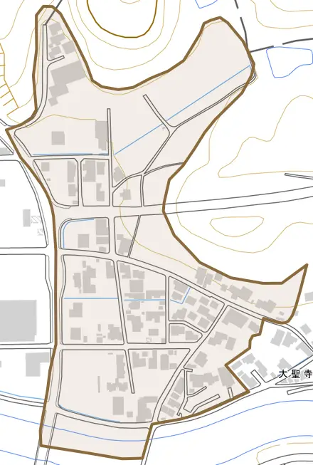 大聖寺岡町とその周辺の地図。町の範囲を重ねている
