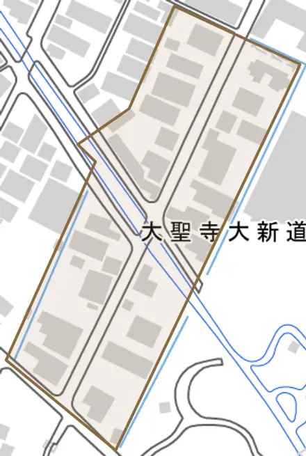 大聖寺大新道とその周辺の地図。町の範囲を重ねている