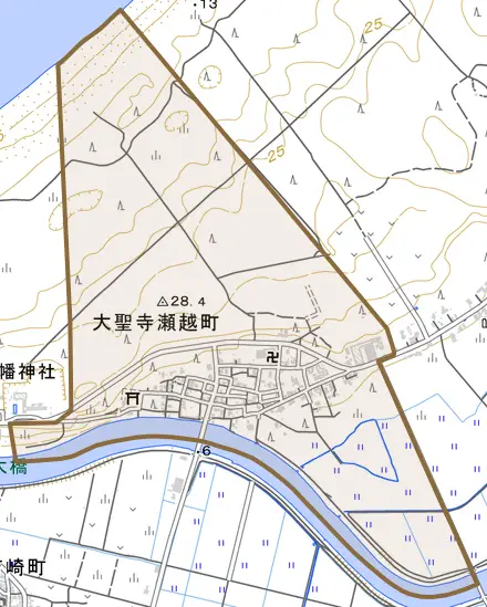大聖寺瀬越町とその周辺の地図。町の範囲を重ねている