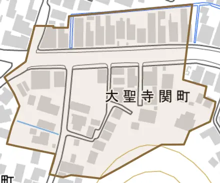 大聖寺関町とその周辺の地図。町の範囲を重ねている
