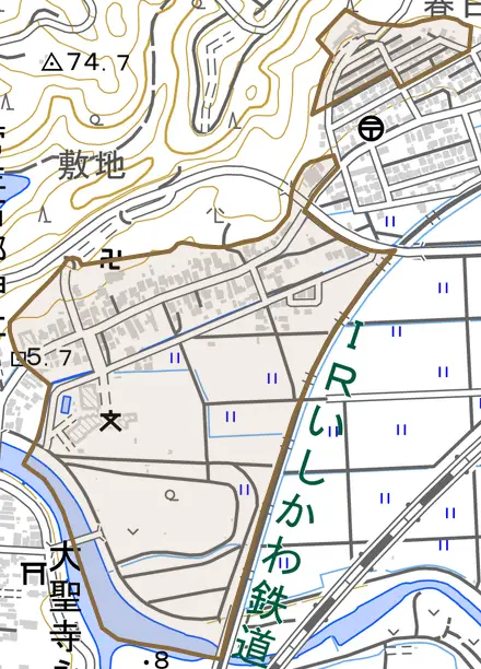 大聖寺敷地とその周辺の地図。町の範囲を重ねている