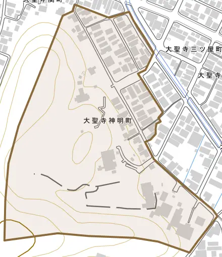 大聖寺神明町とその周辺の地図。町の範囲を重ねている