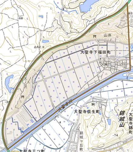 大聖寺下福田町とその周辺の地図。町の範囲を重ねている
