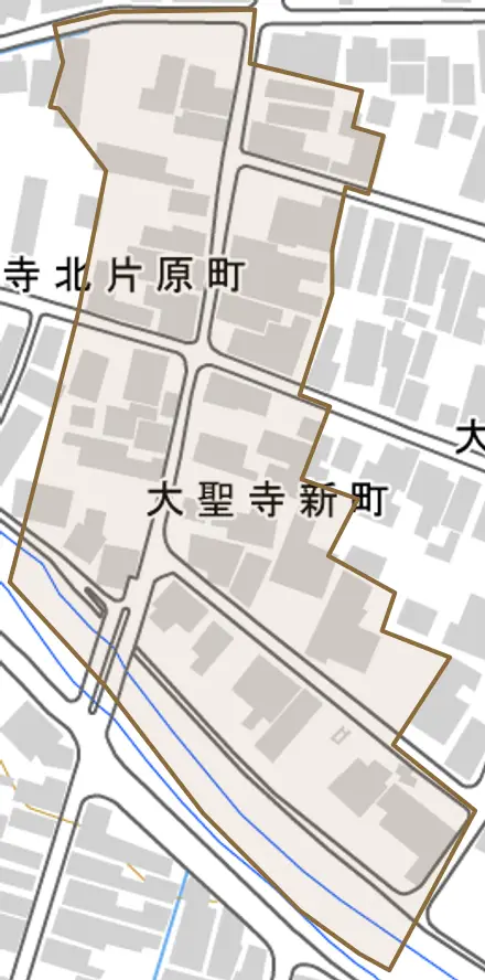 大聖寺新町とその周辺の地図。町の範囲を重ねている