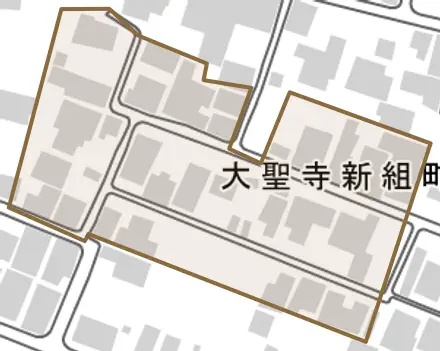 大聖寺新組町とその周辺の地図。町の範囲を重ねている