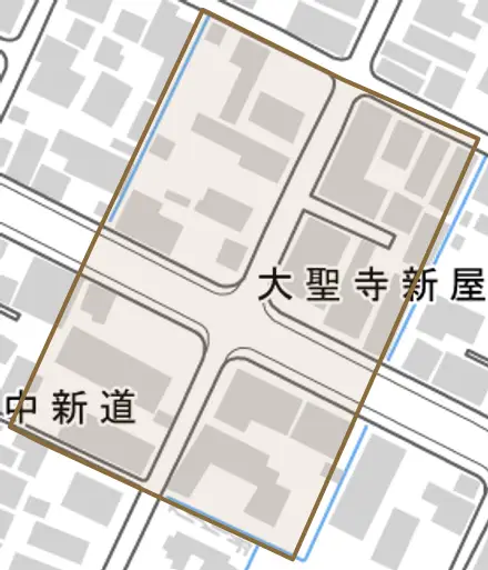 大聖寺新屋敷町とその周辺の地図。町の範囲を重ねている