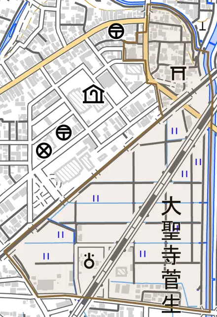 大聖寺菅生とその周辺の地図。町の範囲を重ねている