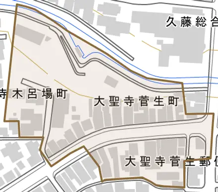 大聖寺菅生町とその周辺の地図。町の範囲を重ねている