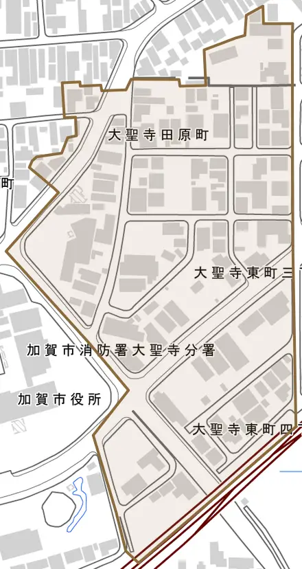 大聖寺田原町とその周辺の地図。町の範囲を重ねている