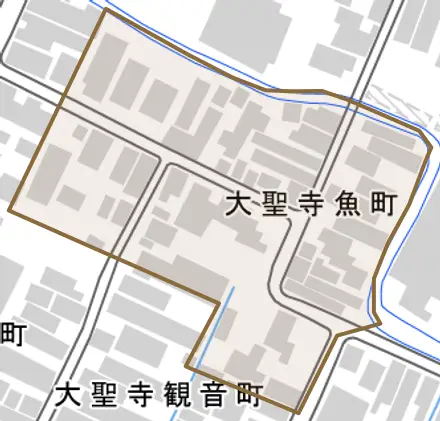 大聖寺魚町とその周辺の地図。町の範囲を重ねている