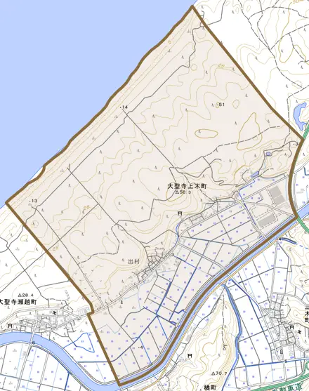 大聖寺上木町とその周辺の地図。町の範囲を重ねている