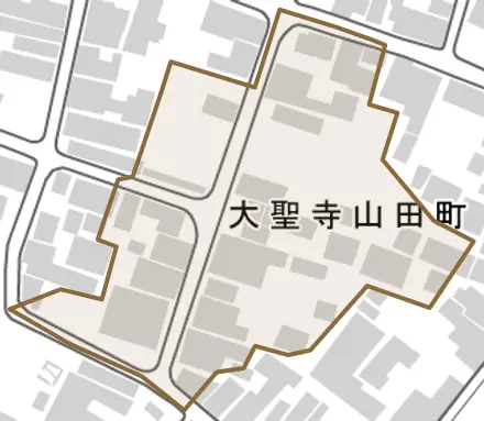 大聖寺山田町とその周辺の地図。町の範囲を重ねている