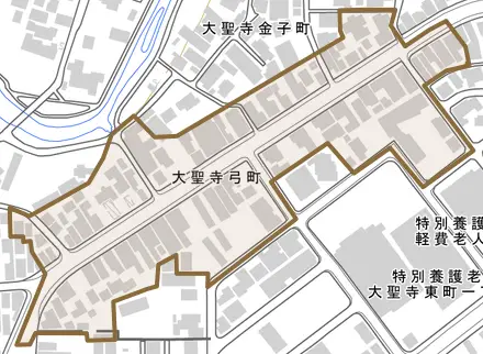 大聖寺弓町とその周辺の地図。町の範囲を重ねている