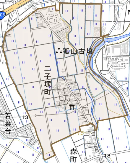 二子塚町とその周辺の地図。町の範囲を重ねている