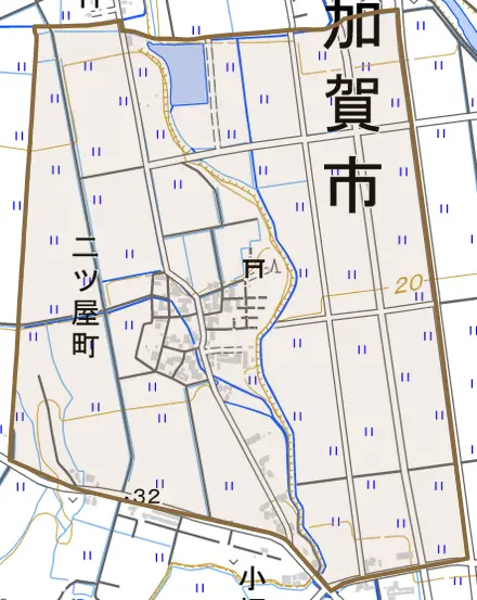 二ツ屋町とその周辺の地図。町の範囲を重ねている