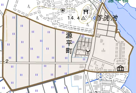 源平町とその周辺の地図。町の範囲を重ねている