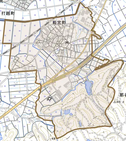 箱宮町とその周辺の地図。町の範囲を重ねている