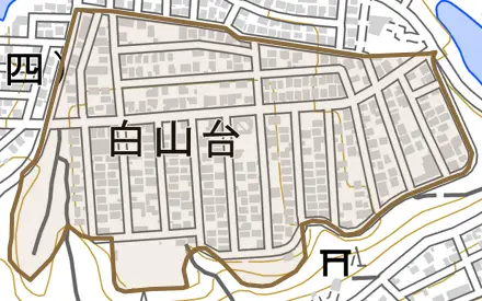 白山台とその周辺の地図。町の範囲を重ねている