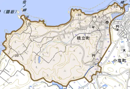 橋立町とその周辺の地図。町の範囲を重ねている